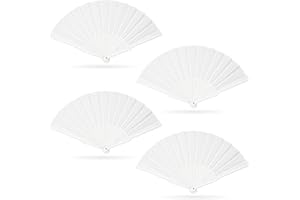 Grantop 4 Pcs Folding Hand Fan Set, Silk Fabric Plastic Ribs Handheld Fan, Folding Chinese Fan for Wedding Christmas Party Prom Festival DIY Home Decorations(4Pcs, White)