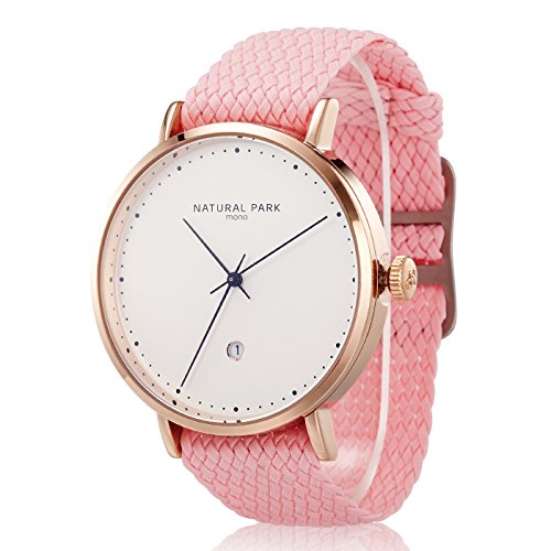 Natural Park Herrenuhr mit weiem Zifferblatt Datumsanzeige und rosa Nylonband Natural Park Herrenuhr mit weiem Zifferblatt Datumsanzeige und rosa Nylonband