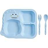 Flybee Captain Dinomini 3 Compartment Fun Nutrition Plate, Food Plate, Fork Spoon Set (Blue)