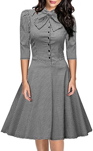 Mineroad Women 3/4 Sleeves Elegent Collar Checkered Slim Casual College Bownot Buttons Style Dress One Color UK 14