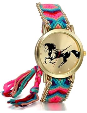 JewelryWe Geflochten Damen Armbanduhr,Seil Band Analog Quarz Uhr,Nationale Wind retro Pferd Zifferblatt, Einstellbar...