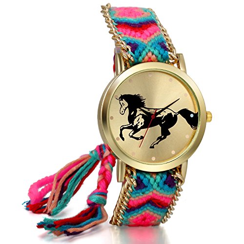 JewelryWe Geflochten Damen Armbanduhr,Seil Band Analog Quarz Uhr,Nationale Wind retro Pferd Zifferblatt, Einstellbar Damenuhr,rosa grün JewelryWe Geflochten Damen Armbanduhr,Seil Band Analog Quarz Uhr,Nationale Wind retro Pferd Zifferblatt, Einstellbar Damenuhr,rosa grün