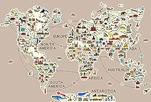 Life N Colors, Cute World Map with Animals and Monuments for Kids, Wallpaper and Wall Murals for Boys and Girls Room Walls, Self-Adhesive, DIY, Washable (2 feet X 3 feet)