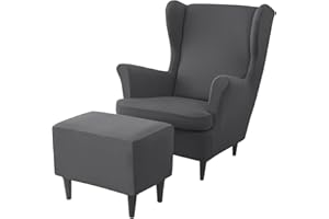 JHLD copripoltrona con Orecchie Elasticizzato con Copri Pouf, Spandex Poltrona Protettiva con Copertura dell'Ottomano Con Fondo elastico Copripoltrona -grigio scuro-3 pezzi