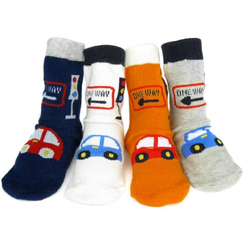 KF Baby Boy Non-Skid Cozy Soft Cotton Socks Value Pack [Set of 4 pairs, White, Grey, Orange, Dark Blue], Beetle, for 12 - 24 months