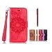 Produktbild MUTOUREN Portemonnaie Handyhülle für Samsung Galaxy S5 Bookstyle Gürtelhändytasche Brieftasche PU Leder Wallet Case Cover Schutzhülle Hülle Etui mit Standfunktion Magnetverschluß Card Slots Kratzfeste Anti-scratch Premium Ledertasche Gepresste Blumen Indische Sonne Mandala Rot + Bleistift Touch Pen