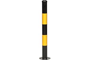 THE WORKPLACE DEPOT Bolt Down Metal Traffic Bollard, Outdoor Fixed Road Safety Vehicle Impact Bollards, Black Yellow Steel