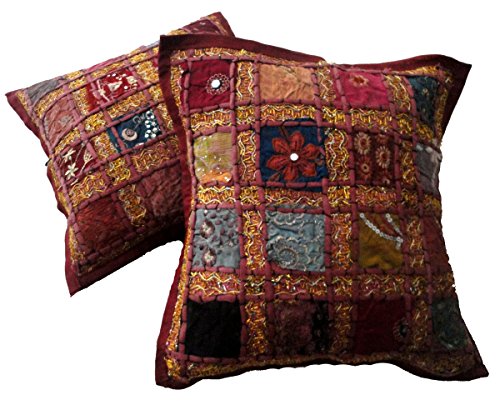 2 Kissenbezüge mit Stickerei, Pailletten, Patchwork, baumwolle, kastanienbraun, 16 X 16 Inches