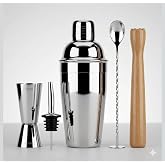 Paslanmaz &Ccedil;elik Kokteyl Shaker Seti, 5 Par&ccedil;a Bar Seti 350 cl | Jigger 25/50 ml, Ahşap Muddler, Bar Kaşığı, Şişe Tıpası, Ev Ba