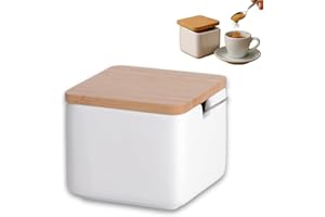 KOOK TIME Azucarero original - cerámica con tapa de madera de Bambú y Cucharilla de acero inoxidable - Uso ideal como azucarero y salero - Medidas: 10 x 10 x 9 cm. - color: Blanco