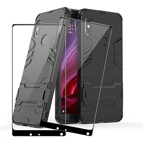 Xiaomi Mi Mix 2s Protector de Pantalla y Funda, LAGUI Cobertura Completa Cristal Templado Película, y Ultrafino Carcasa TPU / PC Con Soporte Plegable, 1 Funda Negro y 2 Protector de Vidrio Negro.