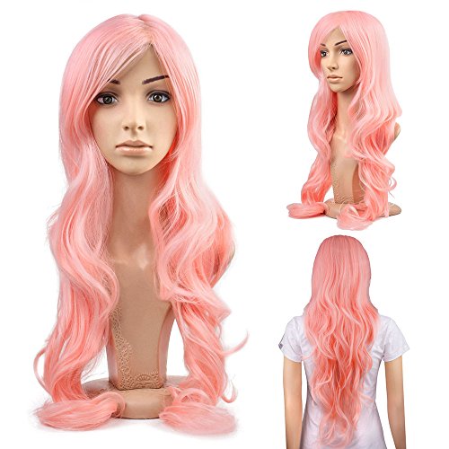 MelodySusie® Halloween Pink Long Curly Wigs – Cosplay Fancy Dress Party Wigs with Free Wig Cap and Wig Comb (Pink)