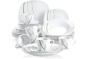 VEWEET 'Aviva' 30-Piece Porcelain Dinner Set Ivory White Green Lines Porcelain Dinner Combi Set with Egg Cup, Mug, Bowl, Dessert Plate, Dinner Plate,Salad Bowl, Service for 12