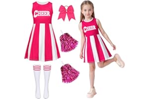 Amtum Cheerleader Outfit Girls Dress Cheerleader Costume Kids with Poms Poms Socks Hair Band Cheer Leader Fancy Dress Up Cheerleading Uniform High School Musical Halloween Carnival Party Cosplay