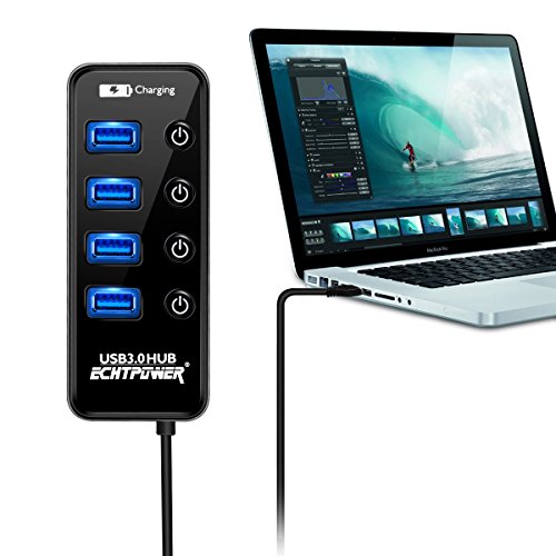 ECHTPower 4 Port USB 3.0 HUB Datenhub Erweiterung, USB Extra Leicht Verteiler mit 2.4A USB Ladeanschluss und Ein/Aus Schaltern für Apple MacBook, MacBook Air, MacBook Pro, Mac Mini, iMac, MacPro, Windows Laptops und Ultrabooks, sowie PCs und weiteren USB 3.0 kompatiblen Geräten - 4