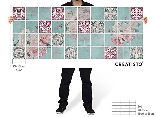 Fliesenfolie – CREATISTO Klebefolie Fliesen überkleben | Fliesen Mosaik Aufkleber Folie Sticker selbstklebend – Küche renovieren Bad Küchen-deko | 15×15 cm – Motiv Durch die Blume – 40 Stück - 4
