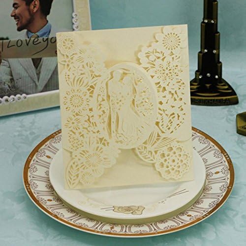 Wedding Party Invitations,Kingko® 20 PCS Delicate Carved Romantic Marriage Anniversary Cardstock Important Day Card Envelope - Hollow Couples Flower Pattern Design (Beige)