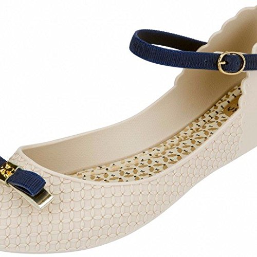 Zaxy Fantasy Beige Navy Ankle Strap Ballerina Flat Shoes (UK Size 4, Colour Beige)
