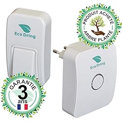 EcoDring - Sonnette Ecologique sans Fil sans Pile Extreme - Garantie 3 Ans, Max 120m, résistant à l'eau + Stickers pour nom + phosphorescents, Blanche, 25 mélodies, 1 Bouton + 1 Carillon