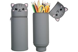 MEISHANG Federmäppchen Silikon-Katze,18 Modelle zur Auswahl,2 in 1 Weiche Silikontasche,Mäppchen Tier 18,5 cm Hoch, Reißverschluss und Ausdehnbar,Stifte Mäppchen für Mädchen Junge(Grau)