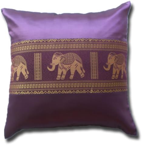 Thai silk cushion cover in lilac, elephant and flowers pattern, 41.5 x 41.5 cm