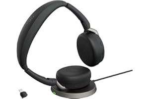 Jabra Evolve2 65 Flex, Casque Bluetooth sans Fil, Socle de Recharge sans Fil, Technologie à réduction de Bruit ClearVoice et ANC Hybride, Adaptateur USB-C, 20h Autonomie, Certifié MS Teams, Noir