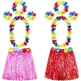 Colores vibrantes: leis de flores son amarillo, verde, naranja, azul, púrpura y rojo; Faldas de césped de 2 piezas, una es rosa y la otra roja, el traje de moda te hace destacar entre la multitud