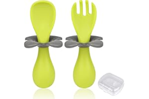 Vicloon Cucharas para Bebés Tenedor y Cuchara de Aprendizaje para Bebés Cuchara de Silicona Suave para Bebés 6 meses + (Verde)