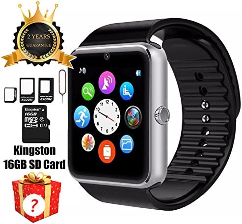 Smart Watch GT08 Bluetooth with 16GB SD Card and SIM Card Slot for Android Samsung S5 S6 Note 4 5 HTC Sony LG and iPhone 5 5S 6 6 Plus Smartphones (Silver)
