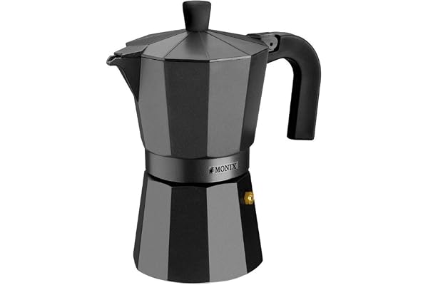 Monix Vitro Noir | Cafetière de 12 Tasses Noire, Fabriquée en Aluminium, Compatible Toutes Sources de Chaleur Sauf Induction