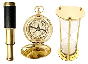 Artshai Magnetic Compass + Pocket Telescope + 1 Minute Brass Hourglass Combo. Kids Activity Set