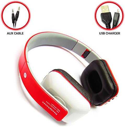 Bluetooth Wireless Headphones Stereo, SD Card Support and In Line Control - Red
