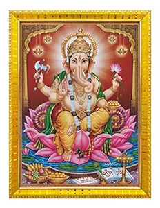 Koshtak Ganesh/ganpati ji on Lotus with mushakraj Photo Frame with Laminated Poster for puja Room Temple Worship/Wall Hanging/Gift/Home Decor (30 x 23 cm)