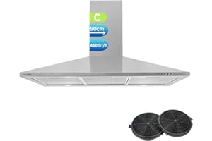 UNIVERSALBLUE Campana Piramidal Acero Inoxidable 3 Velocidades | Potencia 450 m³/h | Extractor de Humos Eléctrico de 90 cm de Pared para Cocina | Filtros de Carbono