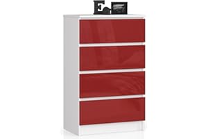 AKORD | Cassettiera K60 a 4 Cassetti | Credenza Alta | Moderna Mobiletto per Soggiorno Sala da Pranzo Camera da Letto Corridoio Bagno | Armadio Cameretta | 60x99x40 cm | Bianco/Rosso lucido