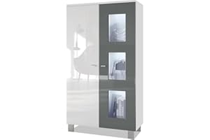 Vladon Vitrine Denjo, Made in Germany, Standvitrine mit 2 Türen und 3 Glaseinsätzen, Weiß matt/Weiß Hochglanz/Grau Hochglanz inkl. LED-Beleuchtung (71 x 129 x 35 cm)
