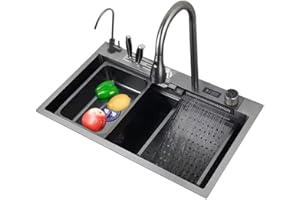 YILWNNCSE Évier de Cuisine, Évier Cascade Raindance, Évier en Acier Inoxydable 304, Ensemble dÉvier Domestique, Évier Intégré avec Robinet Amovible (75×46×21cm)