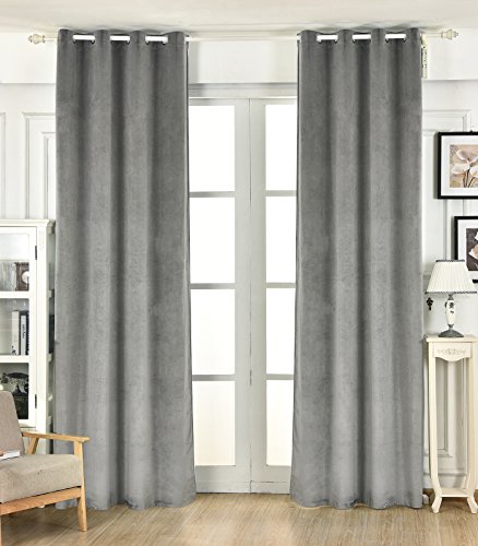 WOLTU® #490 Gardinen Vorhänge blickdicht mit Ösen , ULTRA schwere beflockte Thermogardine Verdunkelungsgardine , Plüschvorhang Verdunkelungsvorhang Ösenschal , 135x245 cm , Hellgrau