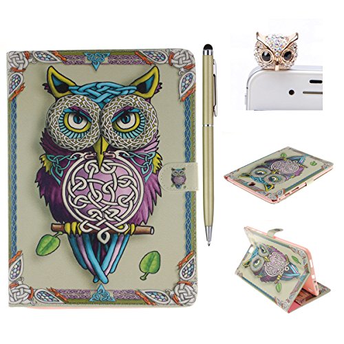 Felfy Slim Full Body Niedlichen Cartoon Gelbe Eule Muster PU Lederhülle Case Cover Etui Schutz Hülle Tasche für Samsung Galaxy Tab A 9.7 Zoll T550 P550 T555N + 1x Eule Anti Stöpsel + 1x Gold Stylus
