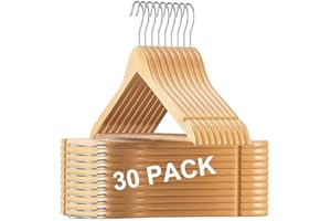 GREEHSE Strong Wooden Coat Hangers, Made with Natural Wood and Non-Slip Trouser bar, Extra Smooth Finish, Strong Shoulder Notches, Pack of 30