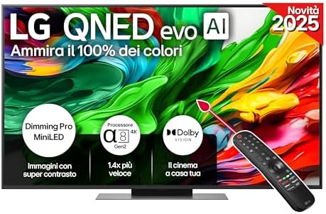 LG QNED evo AI QNED86 TV 55 pollici, Smart TV 4K, Processore α8 Gen2, Dimming Pro con MiniLED, webOS e telecomando puntatore con AI, Dolby Vision, Gaming con VRR e FreeSync 4K@120Hz, 55QNED86A6A 2025