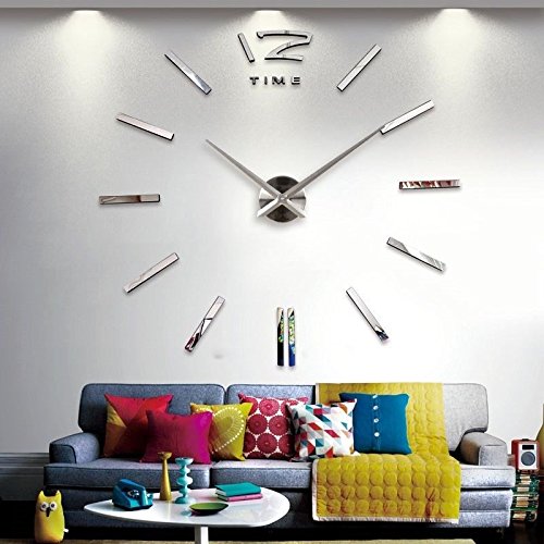 Baytter Design Wand Uhr Spiegel Wandtattoo Dekoration Zahlen XXL 3D Bürouhr für Wohnzimmer Schlafzimmer Handarbeit DIY geräuschfrei silber