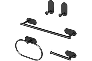 Sarsumir Black Towel Rail Wall Mounted Toilet Roll Holder Hand Towel Holders For Bathrooms & Kitchen Stainless Steel Towel Rack Self Adhesive Hooks - 5 Pieces Bath Accessories Kit No Drilling