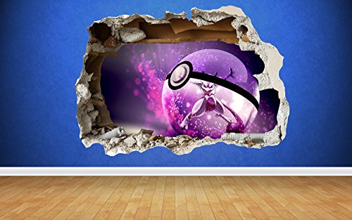 Price comparison product image Pokemon Go MewTwo 3D Style smashed wall sticker kids childrens bedroom vinyl (Large: 80cm x 58cm)