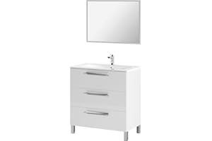 ARKITMOBEL – Mueble de Baño con Espejo y 3 Cajones, Color Blanco Brillo, Mueble de Lavabo con Patas, 80x86x45 cm – Modelo Athena (Sin Lavabo)