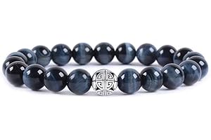 MetJakt Natural 8mm Gemstones Healing Crystal Stretch Beaded Bracelet Bangle with 925 Sterling Silver Double Happiness Pendant