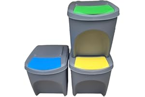 Stolmet Large Stackable Recycling Bins Set of 3x25L (Brand KrysGo) - Customizable Lids with Recycling Stickers - Waste Sorting for Home, Kitchen, Office (Grey + Multi Coloured)