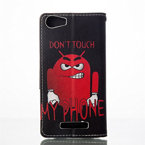 Nancen Wiko lenny 2 (5 Zoll) Ledertasche / Handyhülle, Bookstyle Flip Case Folio Cover PU Leder Wallet Etui Handy Zubehör Lederhülle Schutzhülle – mit Standfunktion Magnetverschluss Brieftasche und Karten Slot [Rot roboter – Don’t touch my phone] - 4