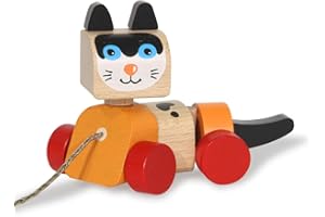 JAMARA 460704 drewniana zabawka kidiwood kot – od 18 miesięcy, lite drewno klon i buk, kolory na bazie wody, wspomaga zdolności motoryczne i dotykowe, sznurek pociągający, wielokolorowa