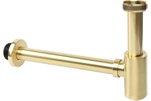 OPERMAXER Siphon design [Tube plongeur extra long 200 mm], 1 1/4 x 32 mm Épaisseur réglable des tuyaux, siphon universel en laiton pour lavabo et lavabo(or brossé)